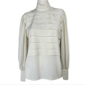 Simon Chang Ivory Pleated Mock Neck Button Back Puffed Bishop Sleeve Top, sz 4